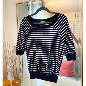 Navy blue and white striped quarter sleeve top